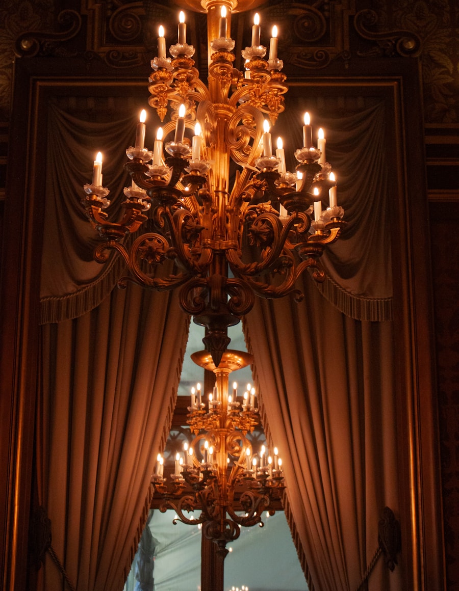 Candle chandelier glowing above the reception